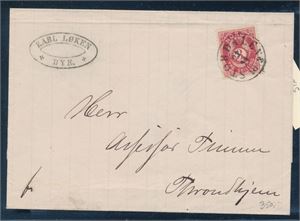 NK 18 på flott brev st "Størdalen 21-11-1873" til Throndhjem. Logo "Karl Løken Bye" på siden.