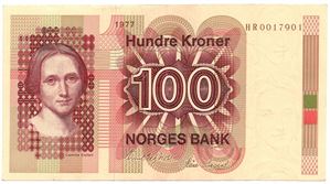 100 kroner 1977 HR. Erstatningsseddel. Brunt årstall. Kv.01