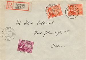 Rek. brev, BJØRSVIK (HO/4 pkt) TA -6-7-47 på pent rek brev med NK 359 og 362 (2).