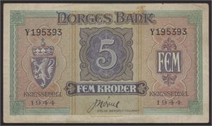 5 Kroner 1944 Y London Kv 1+/01. Flekker*