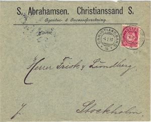 NK 68, plate I, Brev med logo sendt til Sverige, stemplet "Christiansand S" 04-01-1897.