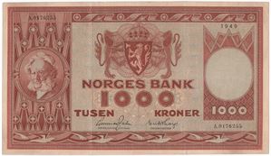 1000 kroner 1949 A.0176255. Kv.1+