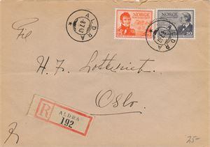 Rek. brev, ALDRA (NO/5 pkt) SA -8-7-47 på pent rek brev med NK 362 og 363.