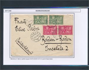 Brev med Nk 114 x2 og 115 x2 stemplet "GUDVANGEN 23 VI 14" til Baden-Baden, Tyskland