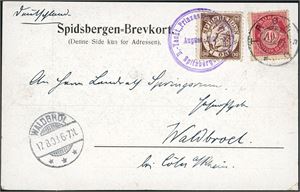 77,Spitsbergen nr 1. 10 øre Posthorn on postcard, cancelled "Tromsø 10.8.03" and a 10 øre Spitsbergen stamp, cancelled "Yact Prinzes Spitzbergen August 1903" at side. Arrival cds "Waldbrül 17.8.03".