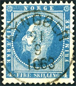4. 4 skilling Oscar, rettvendt stemplet "Lyngøer 21.9.1863".