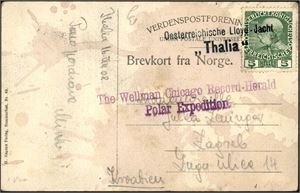 Thalia. Fire postkort, med stempler fra båten, og to av de med etiketter. Det ene kortet har i tillegg "The Wellman Chicago Record-Herald Polar Expedition"-stempelet.