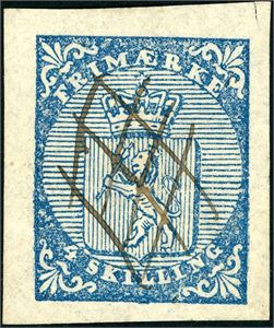 1. 4 skilling våpen 1855, med lett og pen blekkanering. Gode marger.