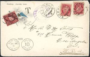 77. To 10 øre fintagget Knudsen på Hamburg-Amerika Linie-konvolutt, stemplet "Digermulen 14.7.03" og ved siden det private stempelet "S.S. August Spitsbergen" i lilla og sendt til Los Angeles, U.S.A. ved ankomst Amerika er brevet påstemplet en "T" og "New York Jul 28, Due 10 Cents" og ved utleveringen påsatt et amerikansk 10c Postage Due-merke. Ankomststemplel på baksiden.
