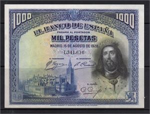 SPANIEN 1000 Pesetas 1928 och 1971, två lättvikta sedlar