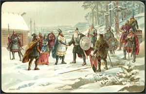 5 overrekkelseskort, alle med vikinger i motivet. Bl.a. Hj.Johnssen, P.N.Arbo, og Block. K-2/3