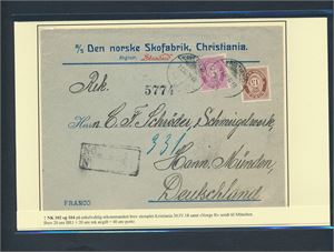 Nk 102 og 104 på rekbrev stemplet "KRISTIANIA 30 IV 18" til Hann. Münden, Tyskland. (Feil i beskrivelsen på bildet at brevet er sendt til München).