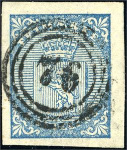 1. 4 skilling Våpen 1855, annullert med nummerstempel "76" (Fredrikstad). Gode- til meget brede marger i alle sider.