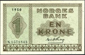 1 krone 1950, serie N.1571843. 0/01