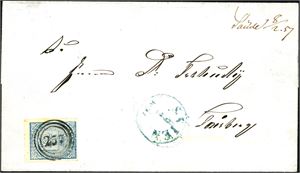 1. 4 skilling våpen 1855 på brevomslag, anert med trerings "257" (TE, 8 pkt) og ved siden håndskrevet ""Saude 8/2 57" samt transittstemplet "Skien 9.2.1857". Merket med to gode marger, og to smale marger. Et par mindre brune flekker på merkets venstre marg.