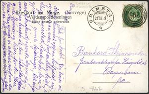 76. 5 øre Posthorn på postkort, anert med 4-rings "295" (Løddesøl, Øiestad, AA), og ved siden stemplet "Grimstad 24.8.08".