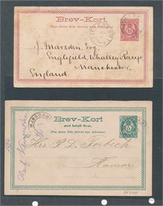 2 brev-kort stemplet "LILLEHAMMER 1881" til Manchester og stemplet "MJØSDAMPSK.POSTEXP "