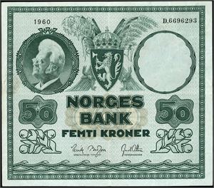 50 kr 1960, serie D.6696293. En pen og ren seddel, men med en del bretter. 1-