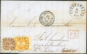 2,10. 26 skillings porto til Frankrike. 2 skilling Oscar og 24 skill på brevomslag til Lyuo, stemplet "Tvedestrand 14.10.1864". Ved siden fransk transittstempel, baksiden med 7 stempler. En horisontal arkivbrett berører ikke merkene.