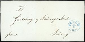 Komplett, betalt  brev, stemplet "Vallø 13.10.1853" i blått og sendt til Laurvig.