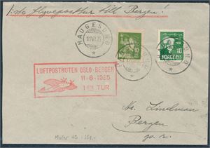LUFTPOST. 10ø Hellige Olav og 10ø Bjørnson på brev st "Haugesund 11 VI 35" og "Luftpostruten Oslo - Bergen 11-6-35" 1ste Tur"