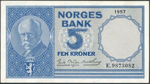 5 kroner 1957, serie E.9873082. 0/01