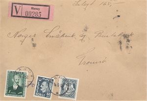 NK 350 Verdibrev st. I22 Hanøy 14-6-58 (No). Bak lakksegl fra postkontoret og NK 399 som betaling.