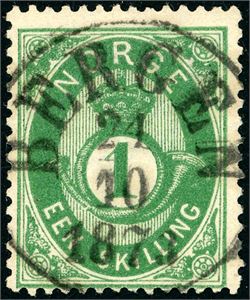 16 Ia. 1 skilling Posthorn, rettvendt fullstemplet "Bergen 24.10.1873".