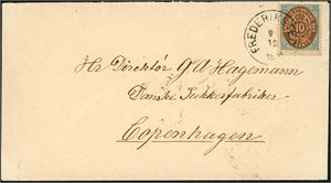 11. DWI. 10 c postage to Denmark. 10 c bicolored (print 7) on envelope to G.A.Hageman,  Copenhagen, cancelled "Frederiksted 9.12.1895". 4 postmarks at reverse.