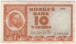 10 kroner 1960 Z.0431593 erstatningsseddel. Kv.1