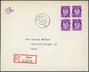 243. 12 øre Posthorn i 4-blokk på rekommandert konvolutt, stemplet "Oslo 2.1.41".