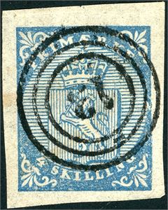 1. 4 skilling Våpen 1855, annullert med nummerstempel "13" (Aremark, ØF, 8 pkt). Gode marger.