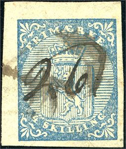 1. 4 skilling våpen 1855, anert med håndskrevet nummer "261" (Silgjord, TE). Del av arkrand i venstre- og øvre side, de øvrige noe smale.