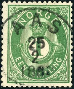 16 IIb. 1 skilling Posthorn, rettvndt fullstemplet "Aas 25.2.1877" (AK).