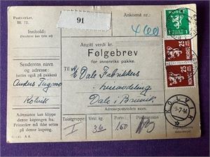 Følgebrev med Kronet Posthorn Sandvik i Kistran + Kolvik 1944