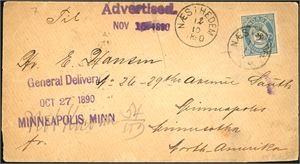 54 II. 20 øres porto til U.S.A. 20 øre 20 mm på konvolutt til Minniapolis, stemplet "Næs i Hedem. 12.10.1890". Ved ankomst stemplet "General Delivery Oct 27 1890 Minneapolis, Minn" som er overstrøket med blyant og påskrevet "Not known", deretter påstemplet "Advertised Nov 15 1890". Baksiden med transittstempel "Christiania 13.10.90" samt "New York Oct 24 90 All Paid".