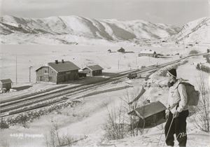Postkort jernbane HAUGASTØL stasjon vinter (BU) A6 s/h (Normann 4-10-88) brukt 1953