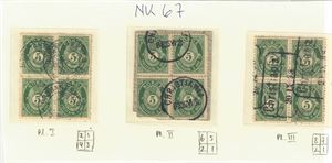NK 67, plate I, II og III. Stemplede 4- blokker fra hver plate.
