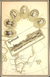 Kart over Grønland med tegning av Godthaab samt bl.a. Sverdrup, Nansen, Dietrichson og Trana. Eldre kartongkort (Kan være fra 1880-tallet. Tegnestifthull oppe og nede. K-2