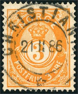 41. 3 øre 21 mm, rettvendt stemplet "Christiania 21.2.86".
