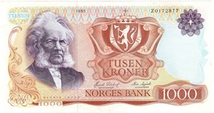 1000 kroner 1985 Z.0172877 erstatningsseddel. Kv.1+/01