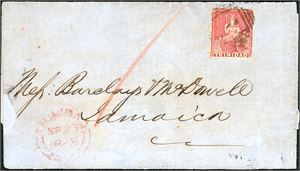 DWI. 1d Trinidad on cover, cancelled with gris and "Trinidad Sp 23 1869" in red beside, and sent via St. Thomas ti Jamaica. "St. Thomas A Sp 23 68" and arrivalpostmark at reverse. Some remarks at all sides, but this are hard to see from the front or from behind. Ex K.Klugman.