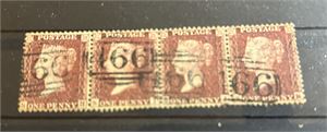GB o SG 37, 1d rødbrun i 4-stripe. Fin kvalitet (£ 1500)