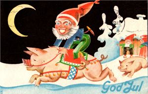 SPANGE. Nisse rir på grisen. Stpl 1936. (Mittet 2601). Kv. 1-2