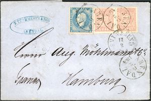 4,9. 20 skillings porto til Tyskland. 4 skilling Oscar og to 8 skill på komplett brev til Hamburg, stemplet "Arendal 14.2.1864" samt transittstemplet "Svinesund" ved siden. Svensk stempel "Ystad" samt "Hamburg" på baksiden.