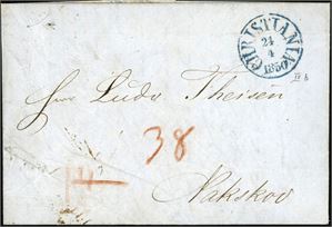 Komplett ubetalt brev, stemplet "Christiania 24.4.1850" (t.IIb) og sendt til Nakskov, Danmark. Satt i porto med 38 Rbs (inkludert 2 Rbs for utbæringen).