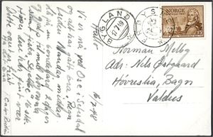 361. 15 øre Postjubileum på postkort, annullert med KPH "Frøysnes" (AA, 7 pkt) og ved siden "Bygland 17.7.48".