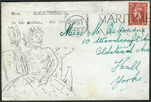 1 1/2d George VI on envelope, cancelled "Post Office maritime Mail" in February 1949. "Posted on board H. M. S. Vengeance during Cold Weather Trials in the Artic and transferred at sea to R. F.A. Wave Premier. With a blue stamp and signature from the "Commanding Officer". Also one envelope with same stamps and same postmark, with a print of "Neptun" and two polar bears.