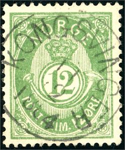 44. 12 øre mattgrønn, pent fullstemplet "Kongsvinger 11.12.1884".