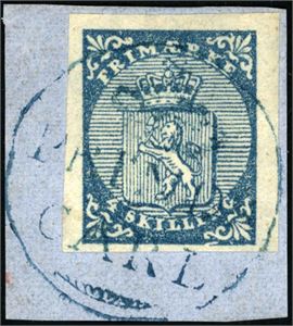1. 4 skilling våpen 1855 på lite brevstykke, annullert med det private dampskipsnavn "Prinds Carl" i blått. Tre gode marger, litt smal nede. Ex Amundsen, Einar Lundstrøm "Per Fossum".